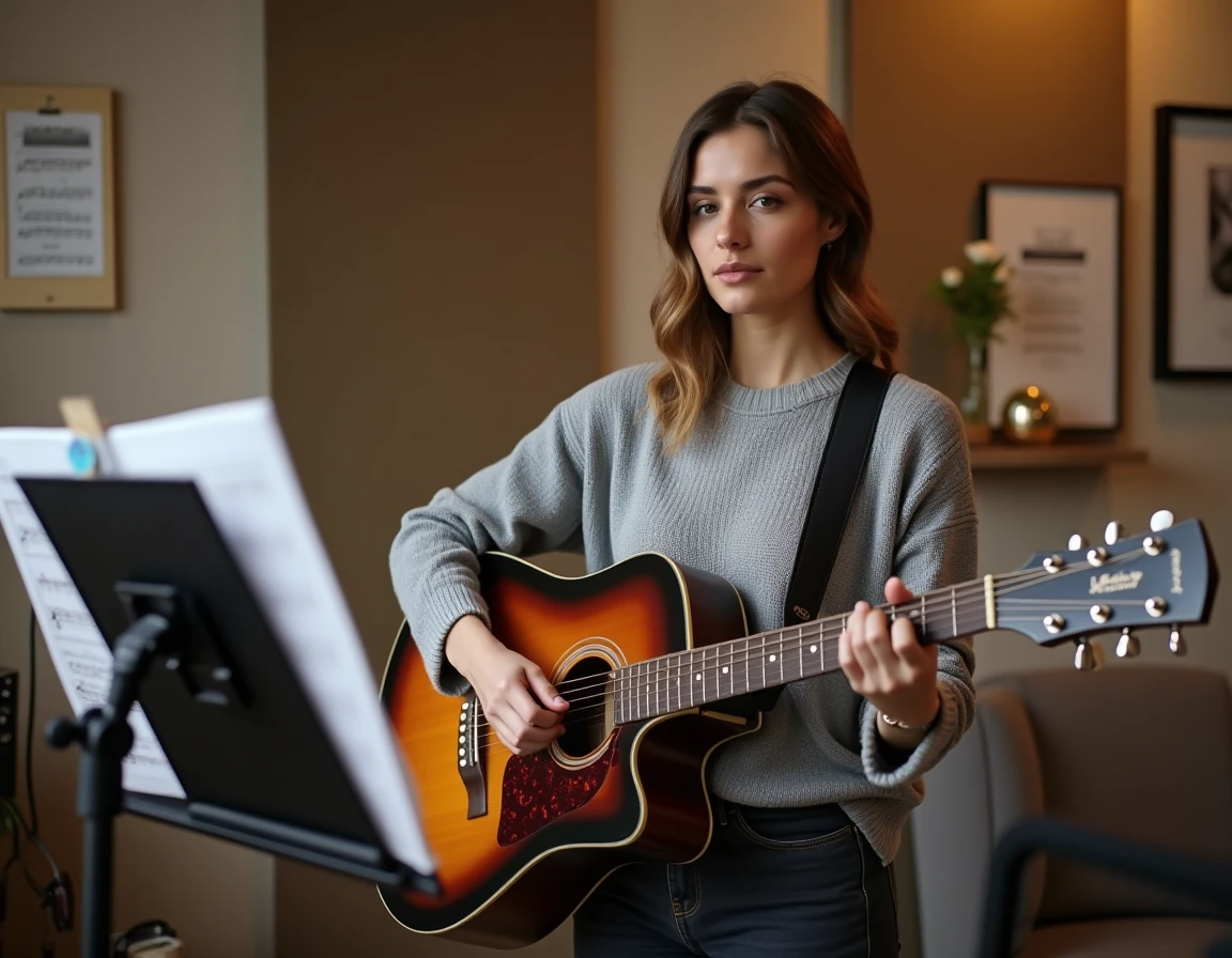 Femme jouant de la guitare acoustique face à une partition d'accords dans un studio de musique