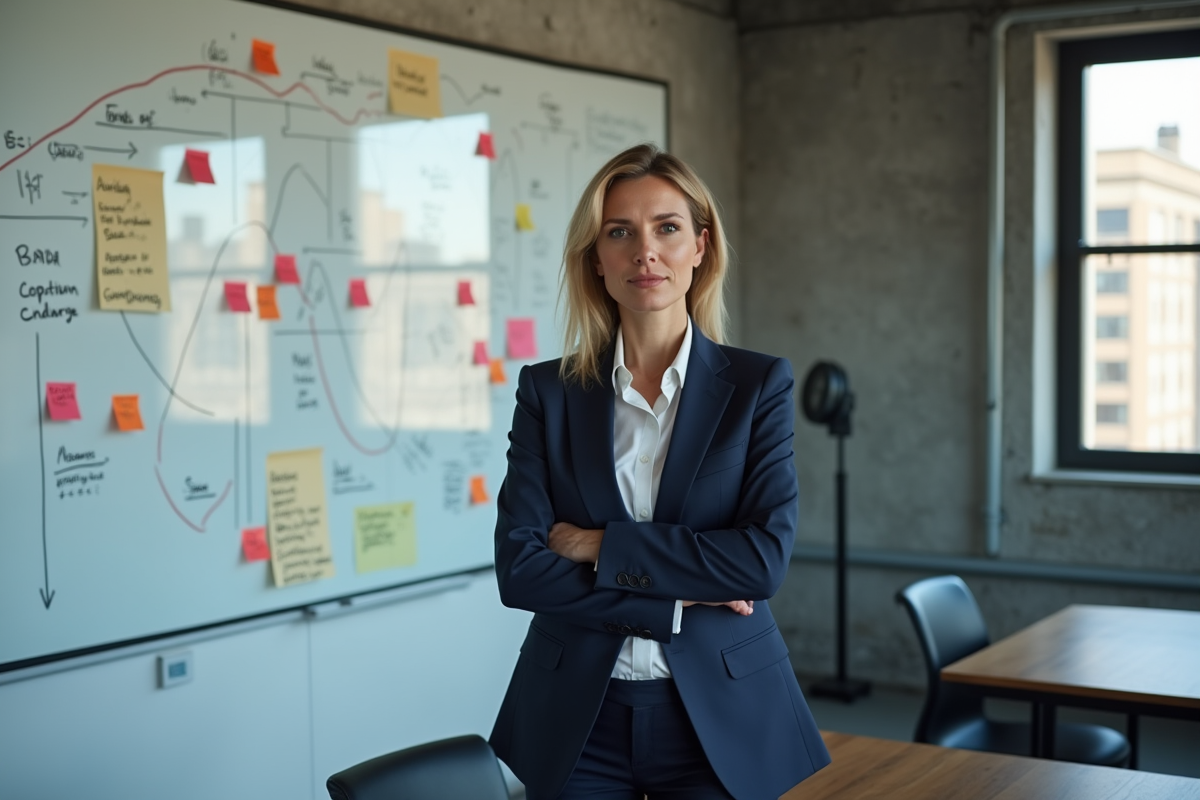 Manager femme en costume devant un tableau de stratégies