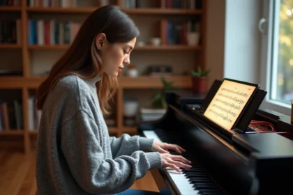 Jeune femme jouant du piano en lisant une partition interactive sur tablette dans un studio home recording chaleureux