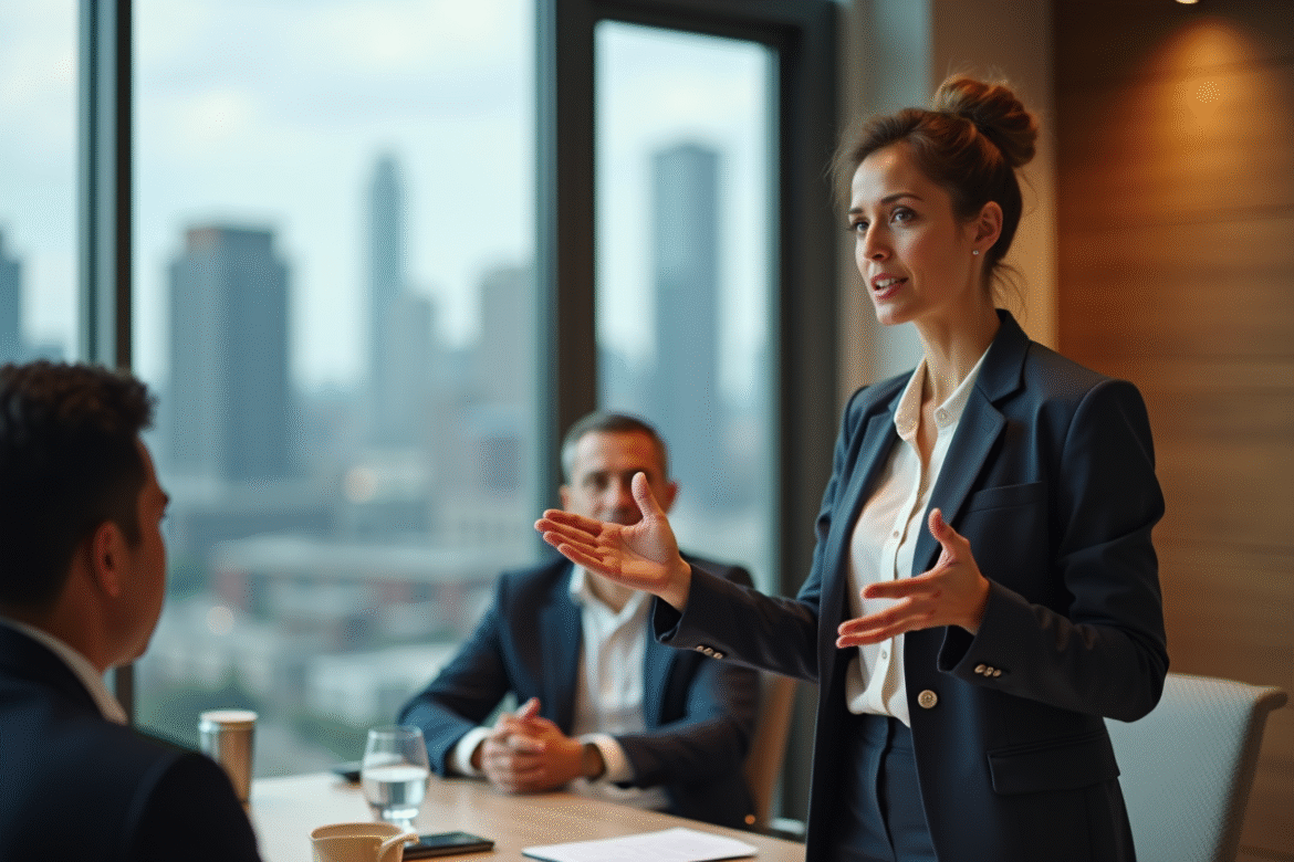 Femme confiante en réunion avec collègues