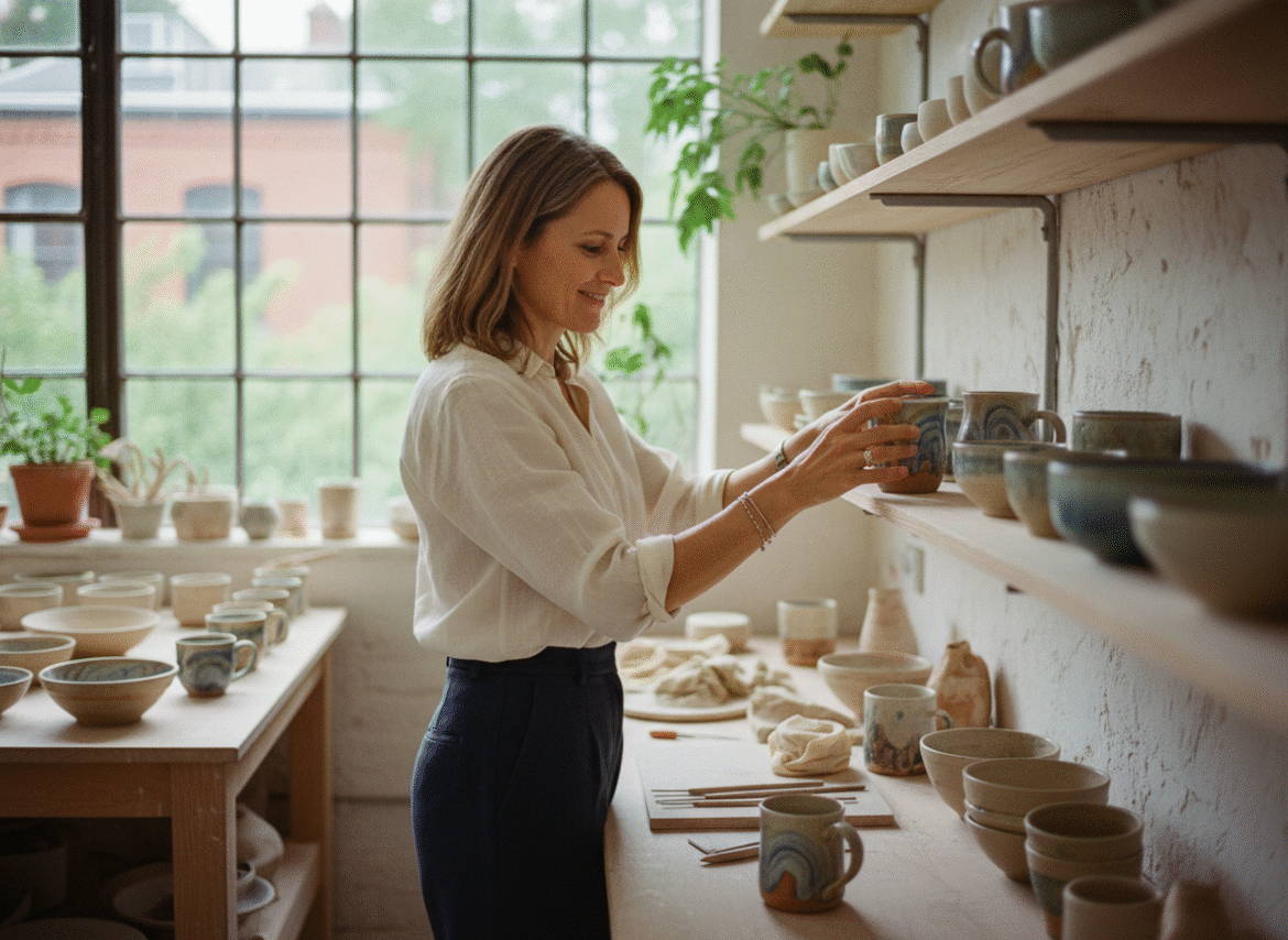 Femme confiante arrangeant de la poterie dans un atelier lumineux