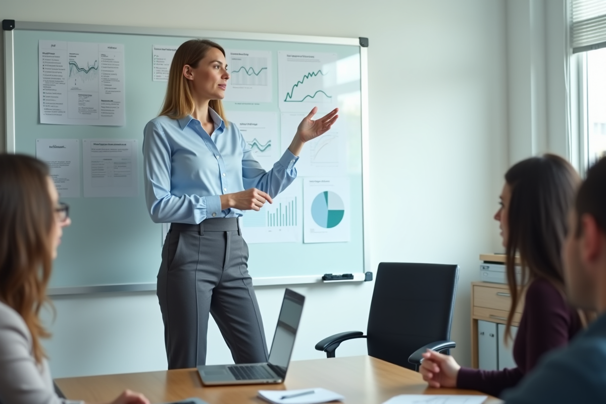 Femme en réunion expliquant des graphiques financiers