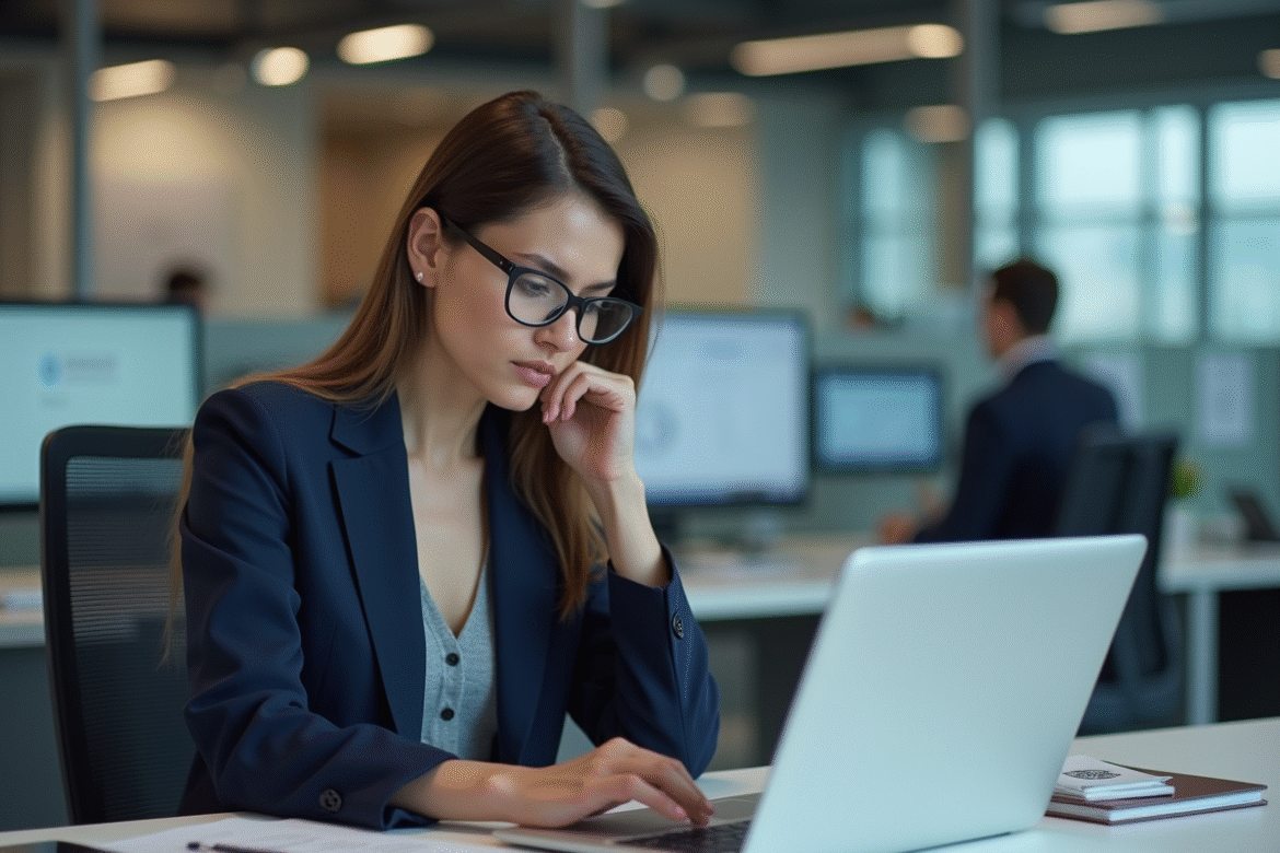 Femme en costume navy dans un bureau moderne