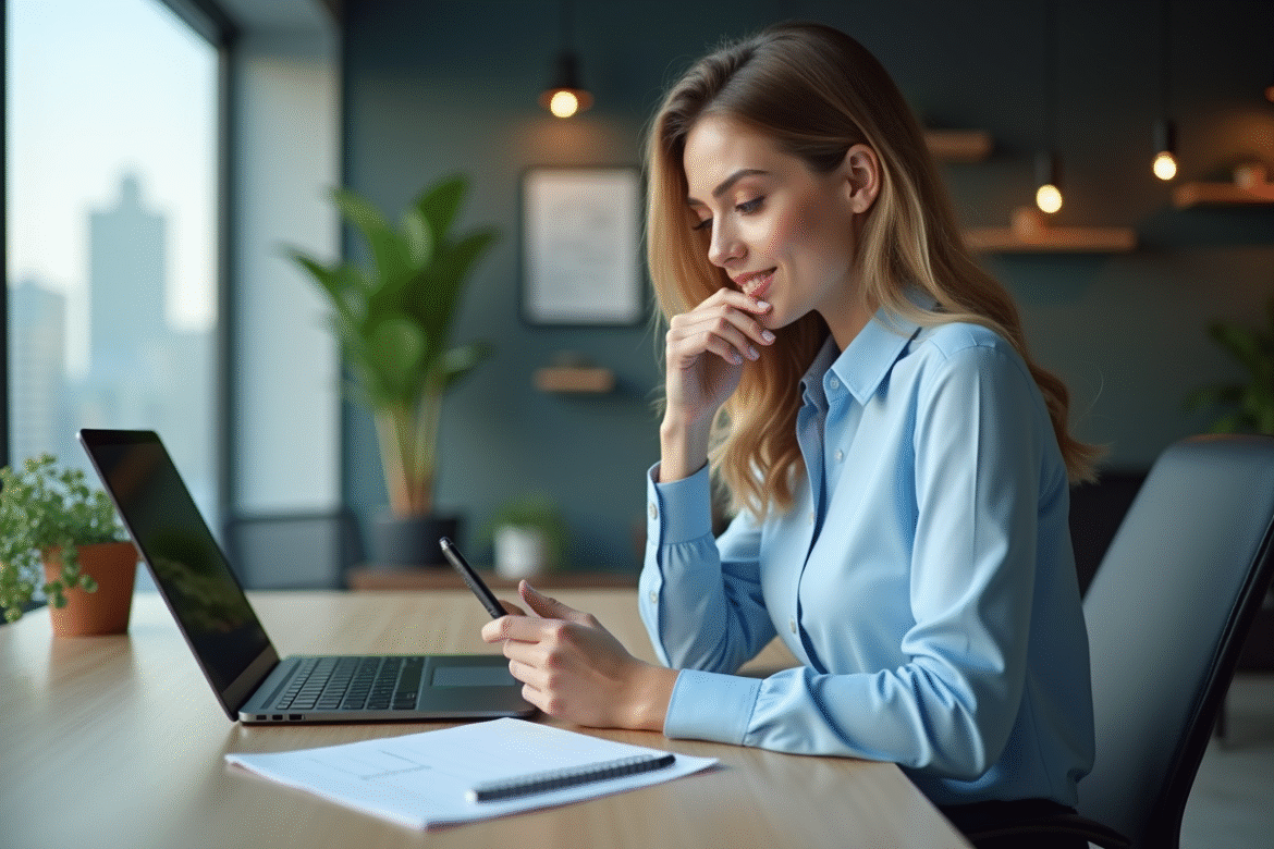 Femme professionnelle en bureau moderne analysant des outils de performance