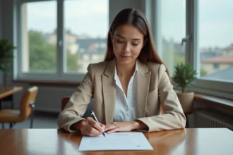 Jeune femme en blazer beige examinant un certificat LVMH dans un bureau moderne