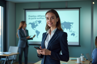 Femme en costume dans un bureau moderne avec écran projection