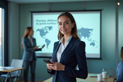 Femme en costume dans un bureau moderne avec écran projection