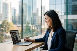 Femme professionnelle en visioconference dans un bureau moderne