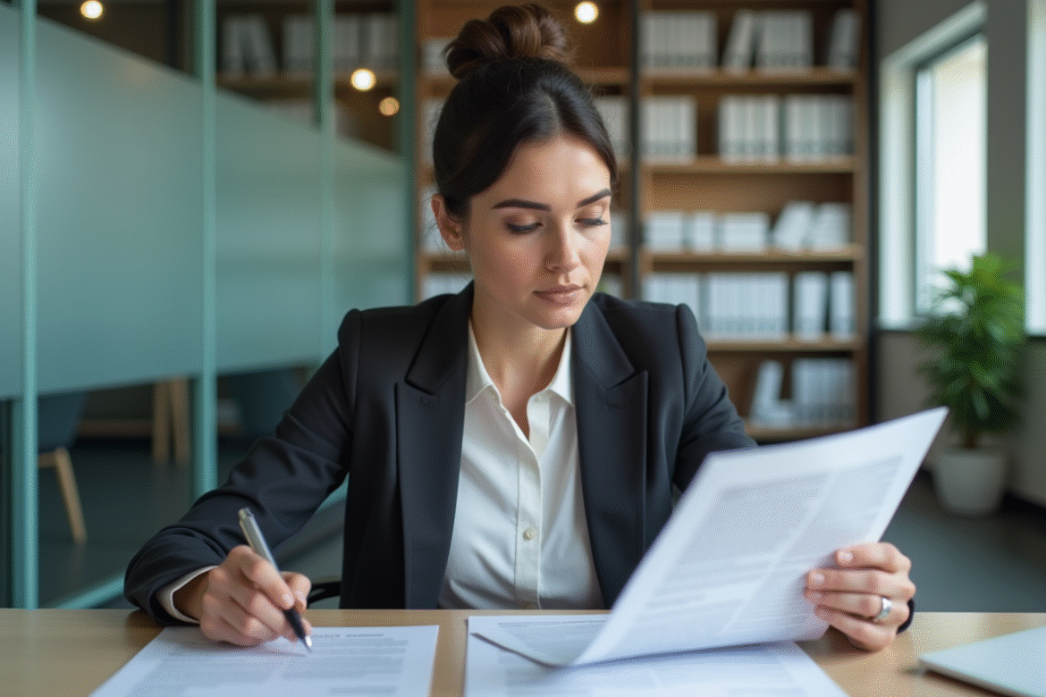 Femme en réunion de bureau avec contrat et stylo