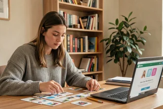 Jeune femme utilisant un simulateur de mémoire en ligne sur ordinateur portable avec des fiches d'apprentissage sur un bureau en bois