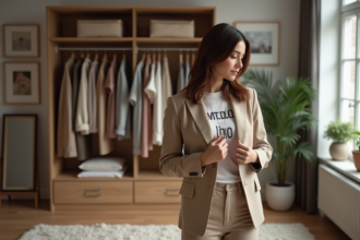 Femme élégante en blazer beige et t-shirt graphique devant miroir
