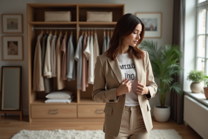 Femme élégante en blazer beige et t-shirt graphique devant miroir