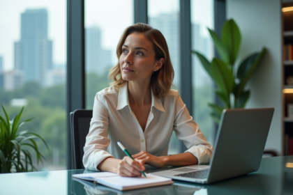 Femme pensant au bureau avec skyline moderne en arrière-plan