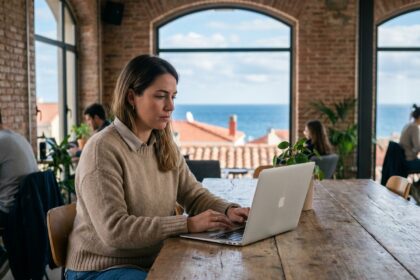 Femme travaillant sur un ordinateur dans un espace coworking à Sète