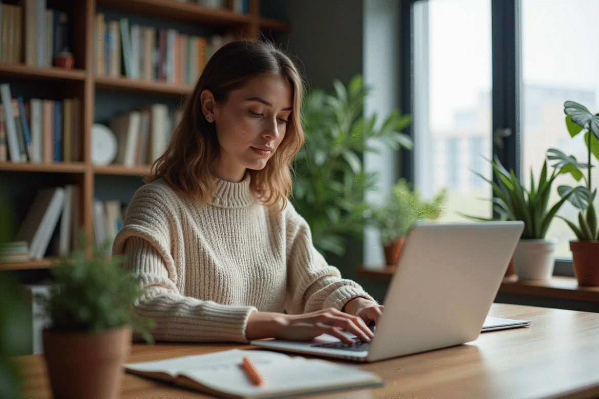 Jeune femme travaillant à son bureau à domicile