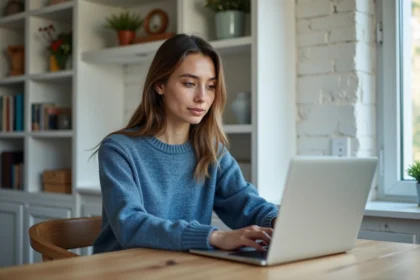 Jeune femme au travail sur ordinateur à la maison