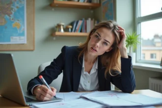 Jeune femme au bureau avec papiers et brochures de voyage