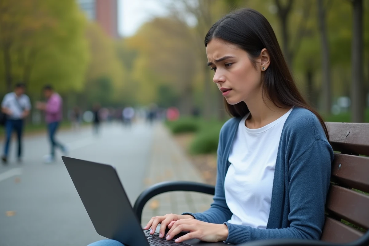 Jeune femme frustrée avec son ordinateur dans un parc urbain