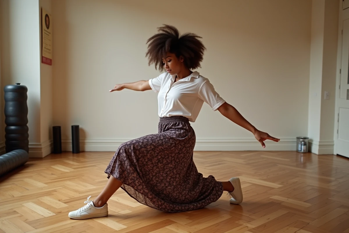 Femme pratiquant des isolations corporelles de zouk seule dans un espace danse aménagé à domicile avec parquet en bois