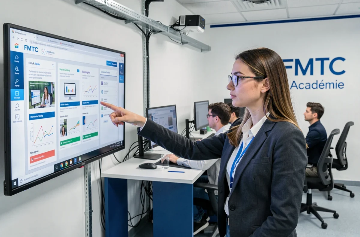 Formatrice numérique présentant une interface e-learning à des apprenants adultes dans un laboratoire digital de FMTC Académie