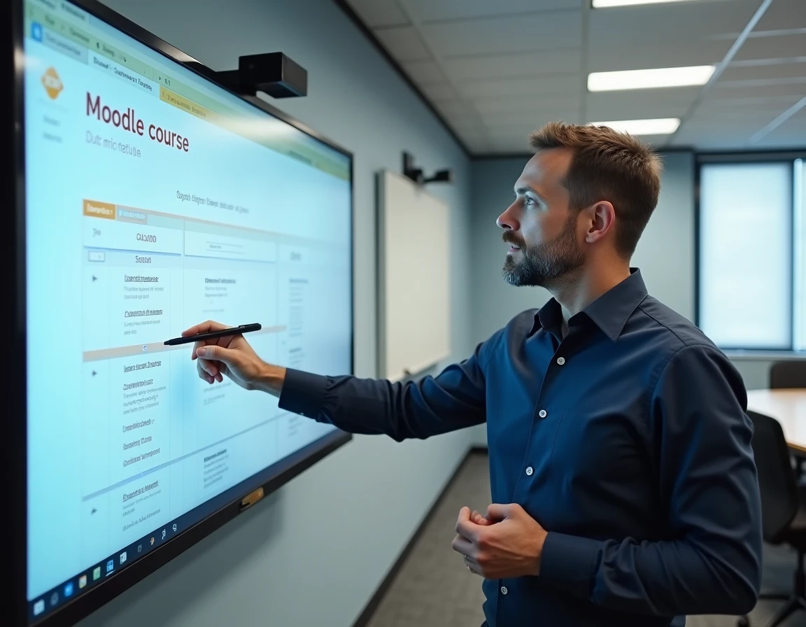 Formateur présentant la structure d'un cours Moodle sur grand écran dans une salle de formation professionnelle