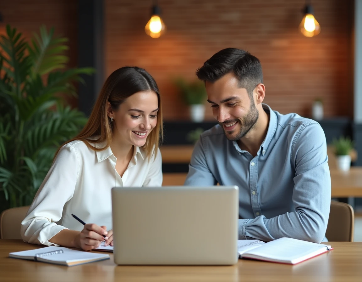 Deux formateurs collaborant sur la création d'un cours Moodle dans un espace de coworking avec des notes manuscrites