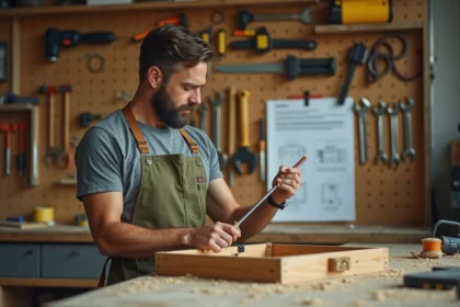 Homme adulte en tablier de bricolage consultant une fiche de formation dans un atelier maison bien équipé