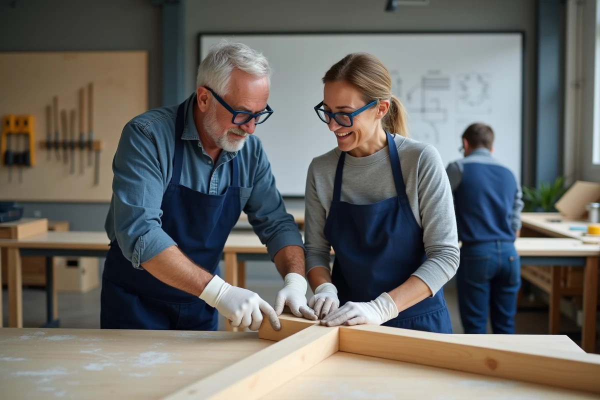 Deux adultes en formation bricolage professionnelle assemblant une structure en bois dans un atelier pédagogique