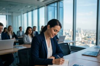 Conseillère immobilière en formation professionnelle prenant des notes dans une salle de conférence moderne