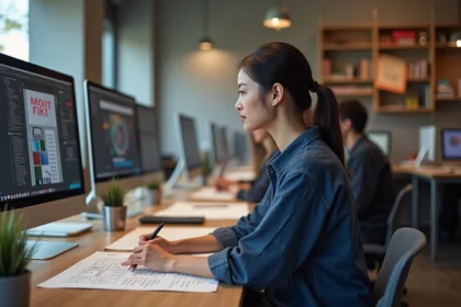 Femme adulte en reconversion professionnelle suivant une formation en design graphique aux Gobelins Paris, assise devant un ordinateur dans un studio professionnel