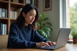 Femme en télétravail suivant une formation à distance Afpa Metisse sur son ordinateur portable dans un bureau à domicile