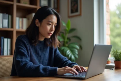 Femme en télétravail suivant une formation à distance Afpa Metisse sur son ordinateur portable dans un bureau à domicile