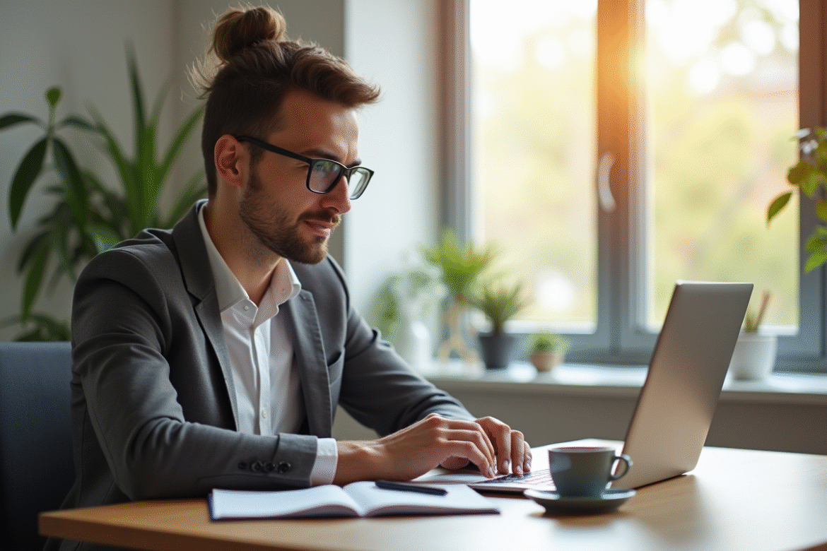 Professionnel adulte en formation en ligne sur un ordinateur moderne