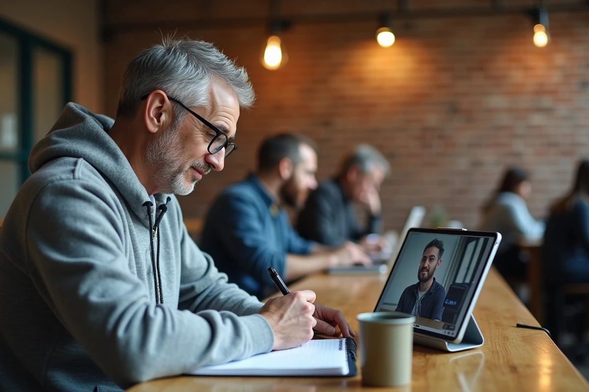 Homme adulte en formation professionnelle à distance dans un espace de coworking avec tablette et prise de notes manuscrites