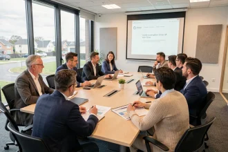 Groupe de professionnels adultes en formation continue dans une salle de cours moderne du Val-d'Oise