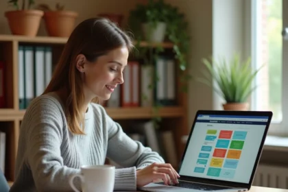 Formatrice utilisant une plateforme e-learning Moodle sur ordinateur portable dans un bureau universitaire moderne