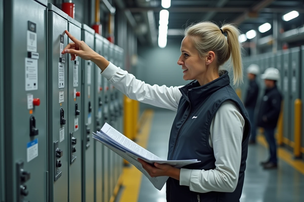 Formatrice en sécurité électrique expliquant les habilitations devant un tableau électrique industriel en entreprise