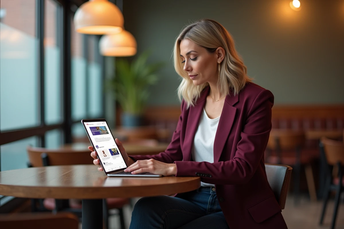 Formatrice indépendante consultant son outil emailing sur tablette dans un café parisien