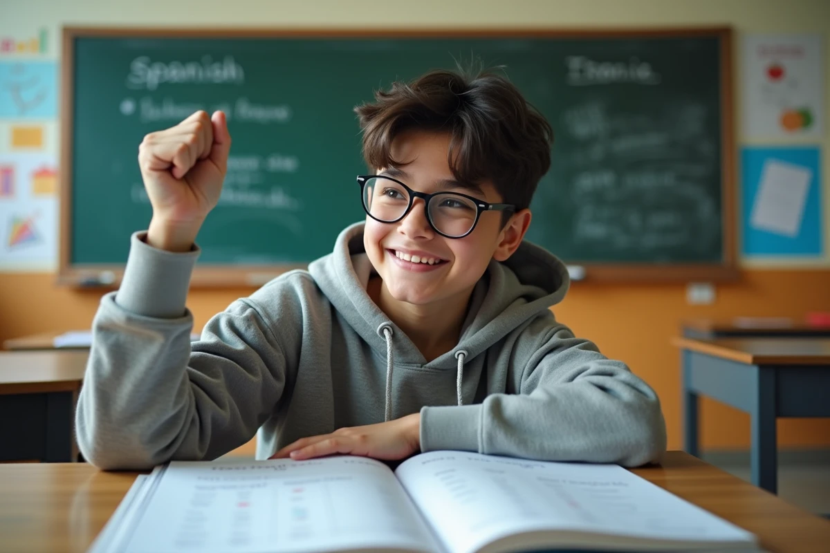 Adolescent en classe levant la main avec un livre d