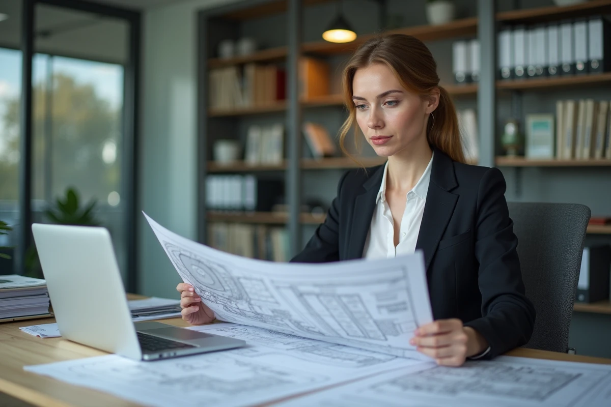 Géomètre femme en milieu de carrière analysant des plans cadastraux dans un bureau moderne