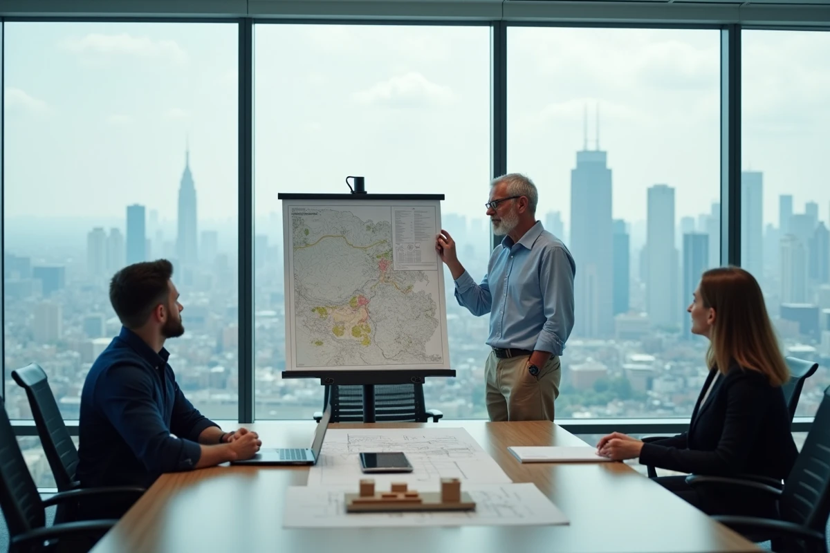 Géomètre expert senior de 45 ans dirigeant une réunion professionnelle avec présentation de relevés topographiques