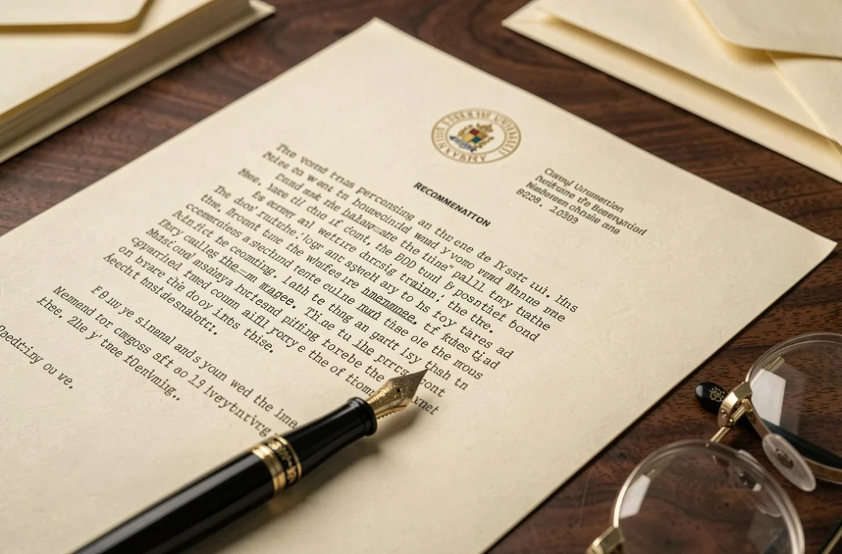 Gros plan d'une lettre de recommandation officielle sur papier à en-tête avec stylo plume et enveloppes