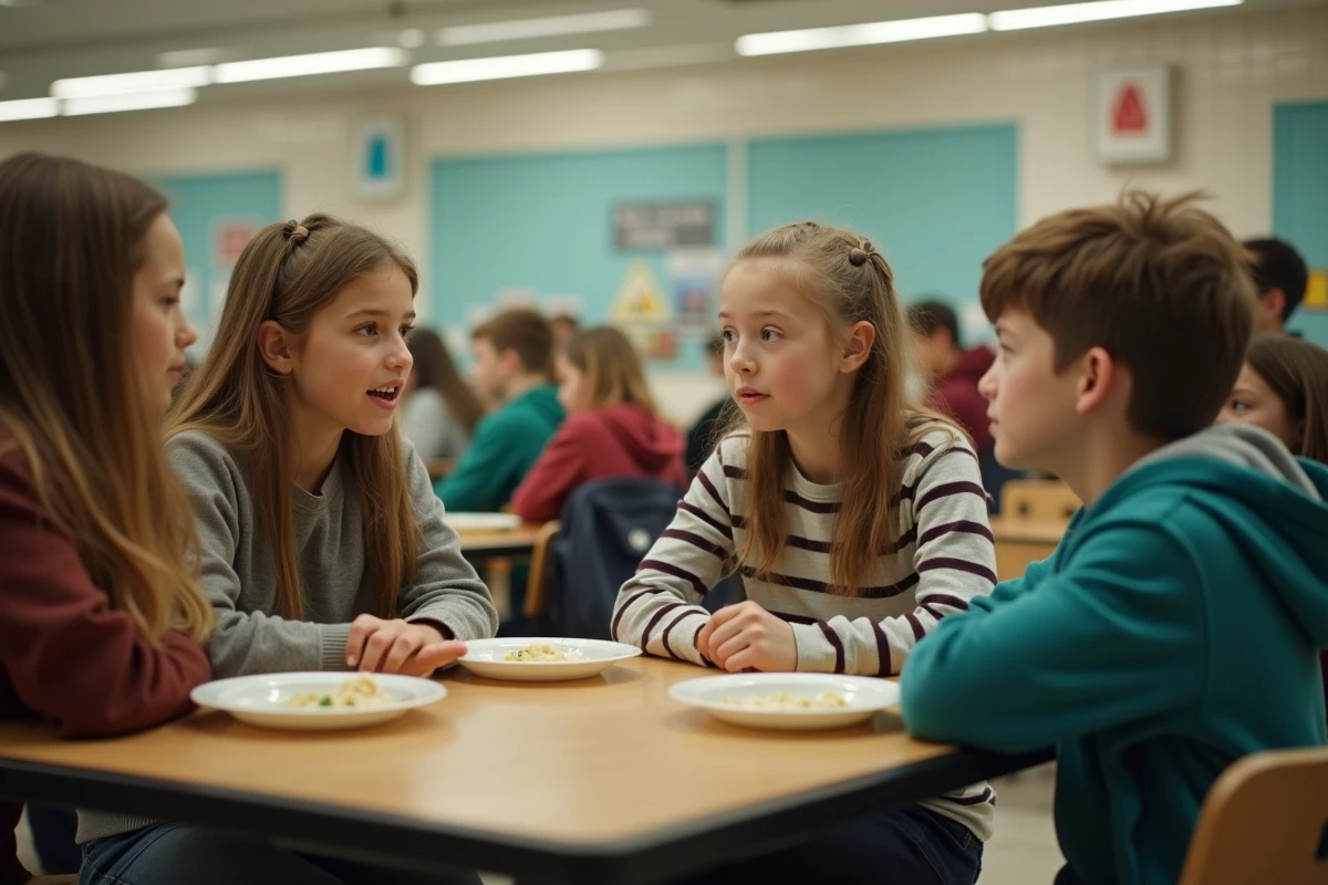 Groupe d'adolescents à la cantine écoutant leur camarade déléguée parler avec sincérité