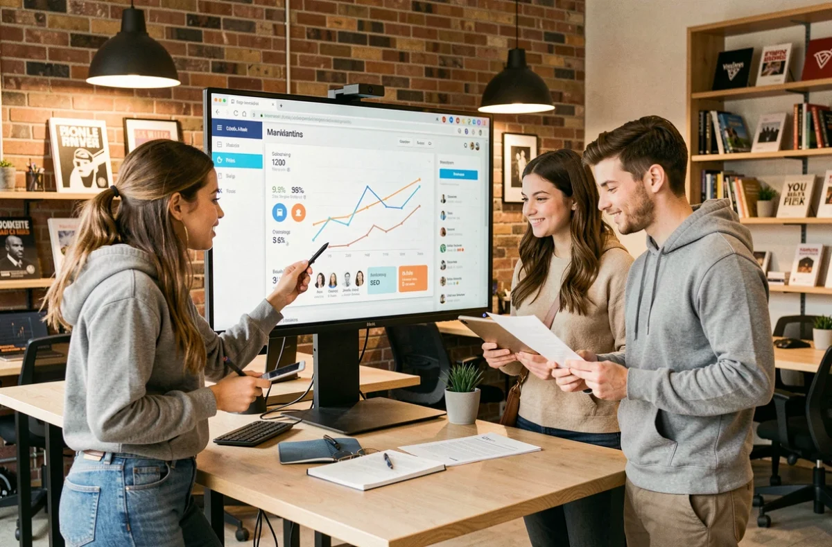 Groupe d'alternants en marketing digital collaborant sur une stratégie numérique dans un espace de coworking à Paris