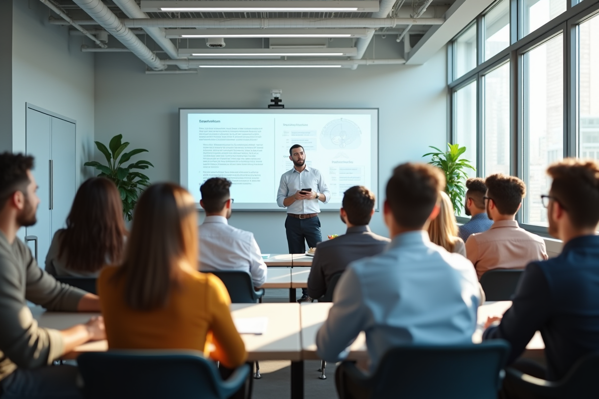 Groupe divers d adultes en formation en salle lumineuse