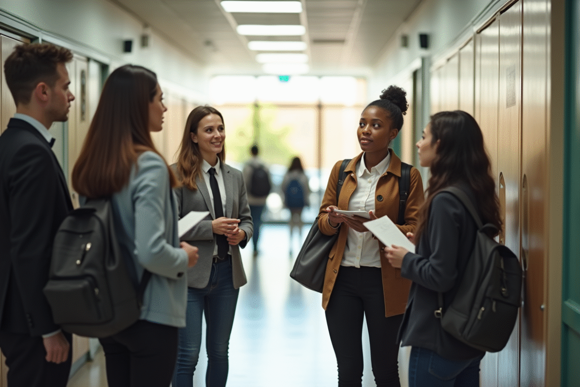 Groupe d'assistants scolaires dans un couloir lumineux