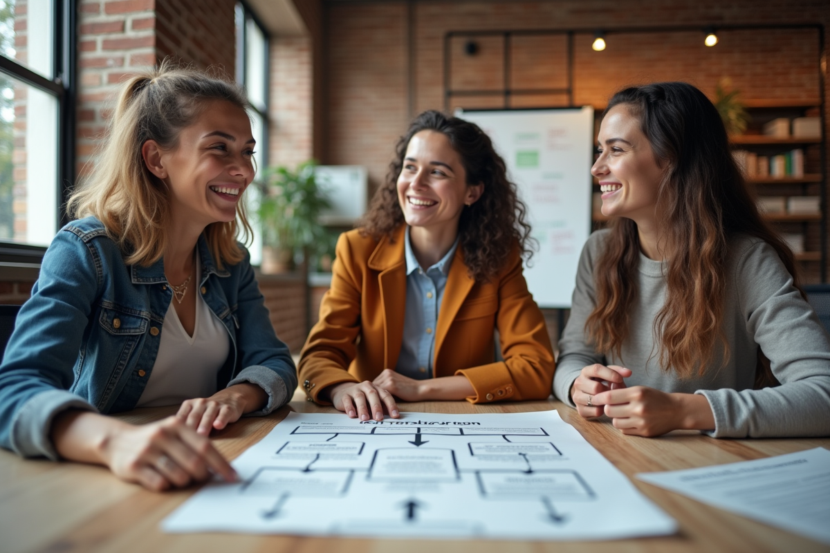 Groupe de jeunes adultes collaborant autour d un diagramme de certification