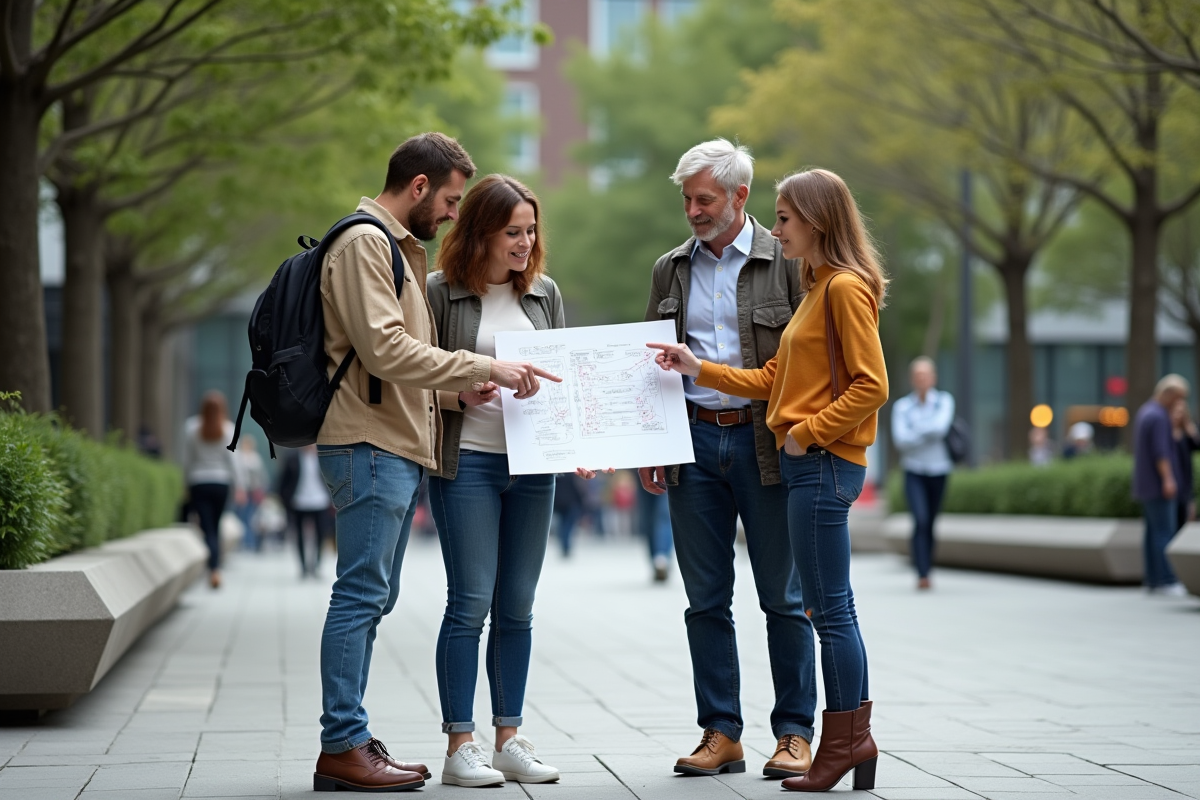 Groupe divers en extérieur collaborant dans une place urbaine