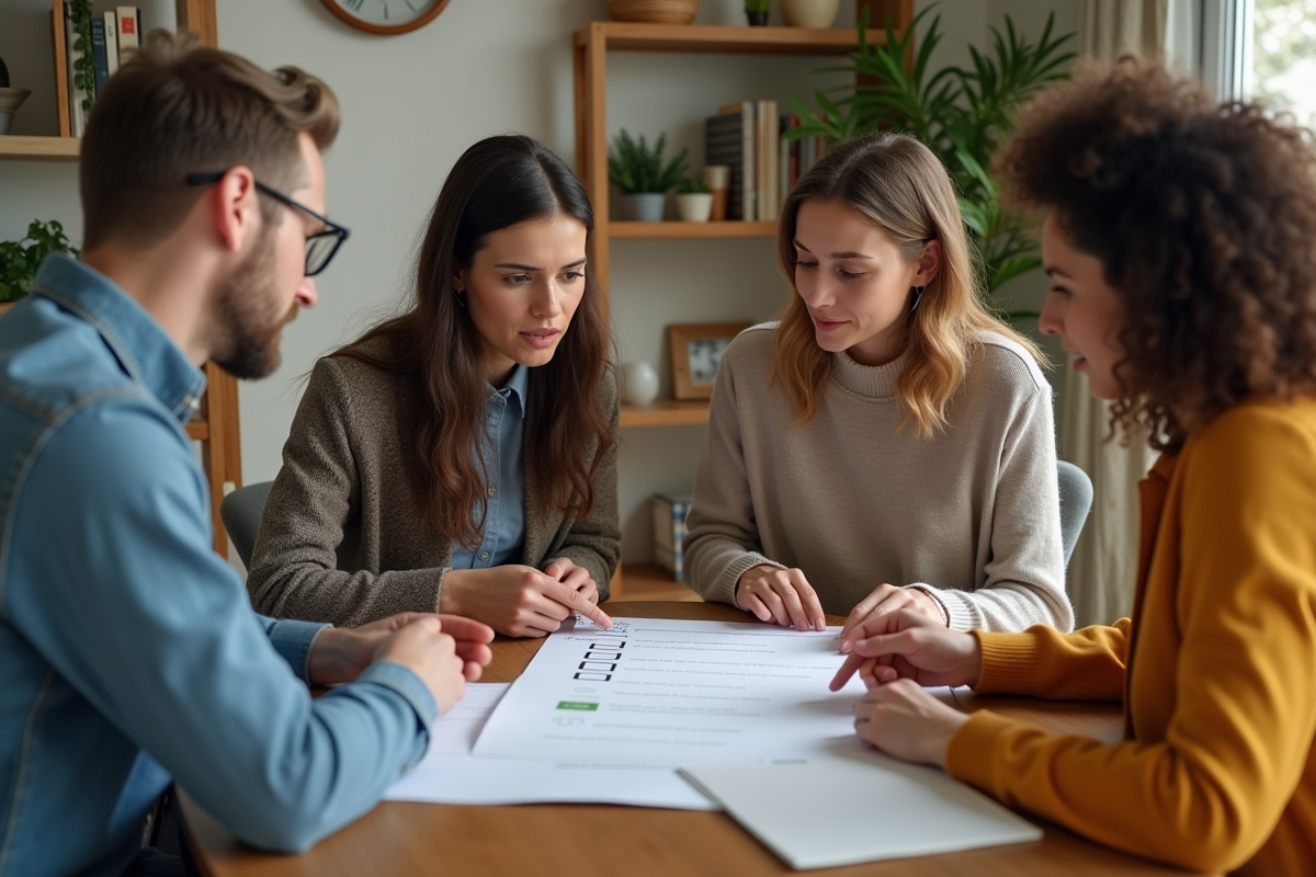 Groupe diversifié en discussion dans un salon chaleureux