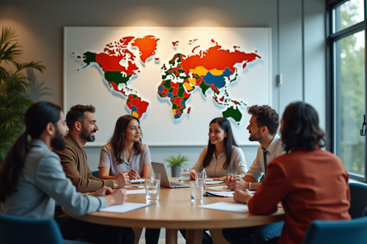 Groupe de personnes diverses discutant autour d'une table avec une carte du monde